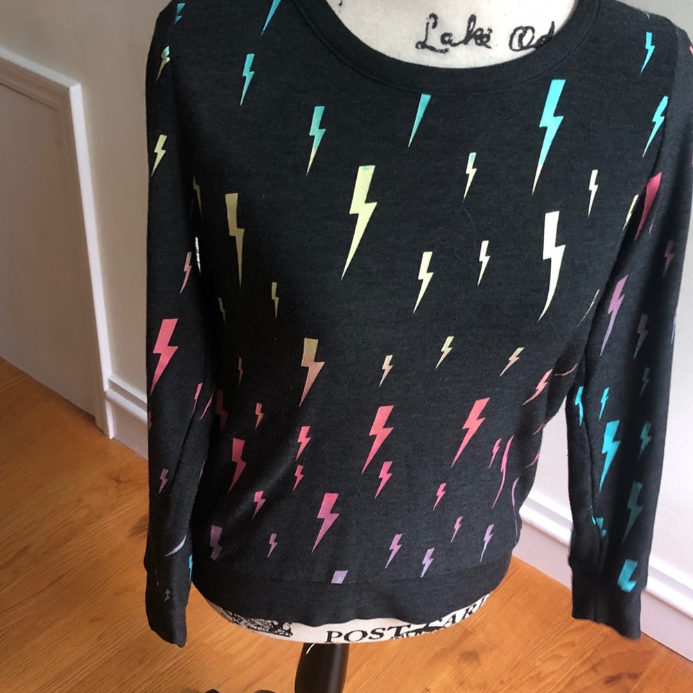 Black Crewneck Sweater with Multicolor Lightning Bolt Print